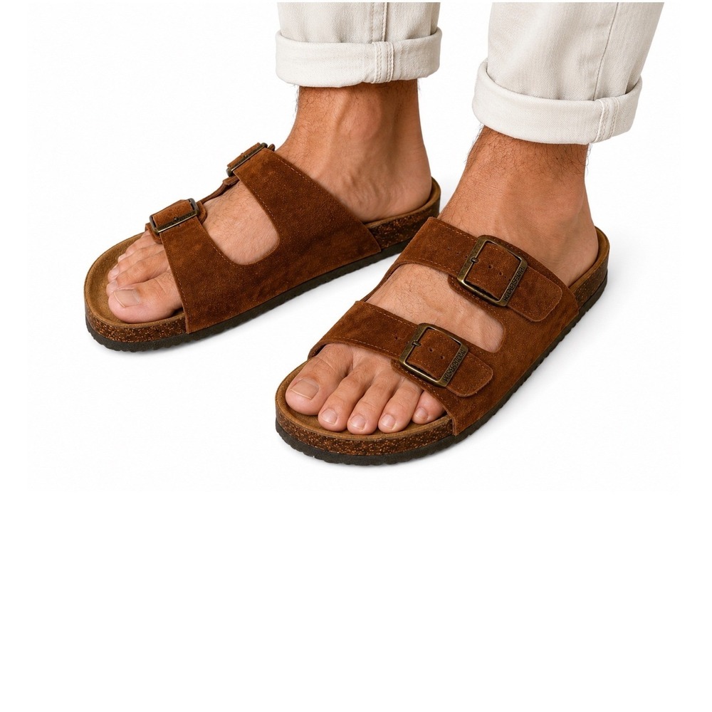 Woodstock Bert Double Buckle Suede Sandals Men 12 Slip On Brown Comfort Earthy